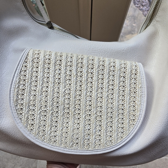 Anthropologie Lrg Shoulder Bag Woven Straw Pocket Vegan Leather Cream Slouchy - Picture 2 of 15